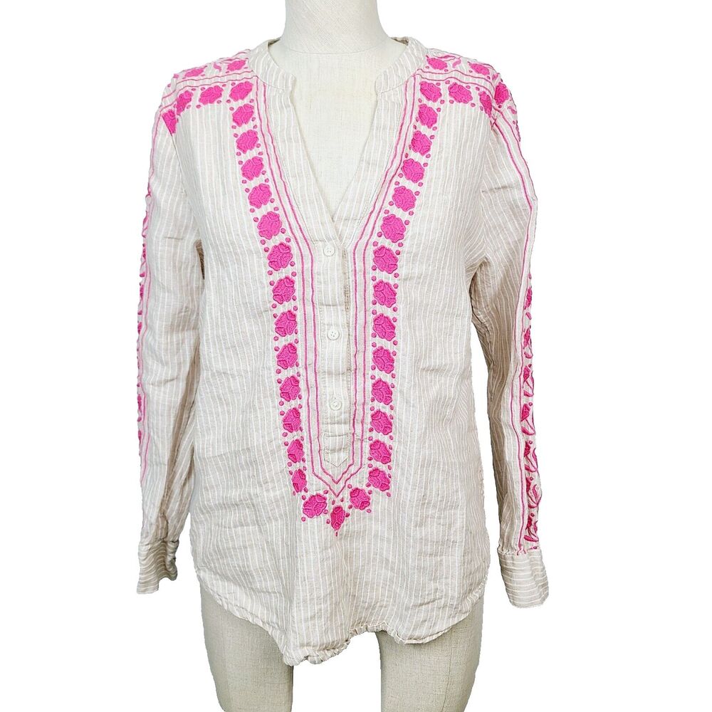 J. Crew Top XS‎ Beige Striped Pink Embroidered Linen Boho Pullover Shirt